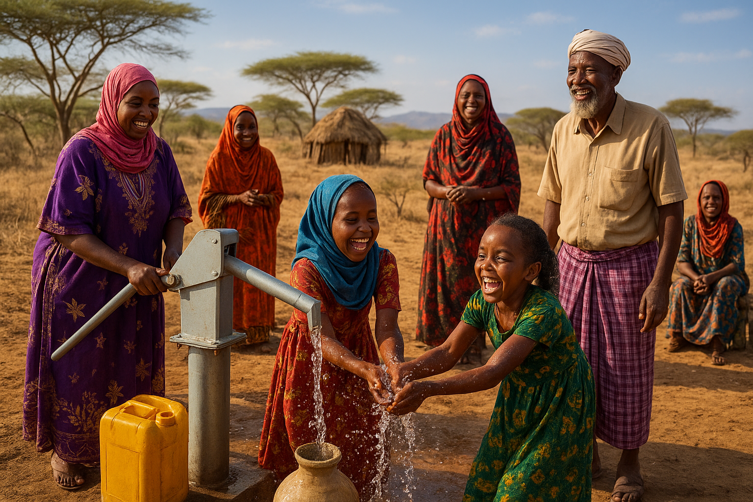 Communauté heureuse avec point d'eau